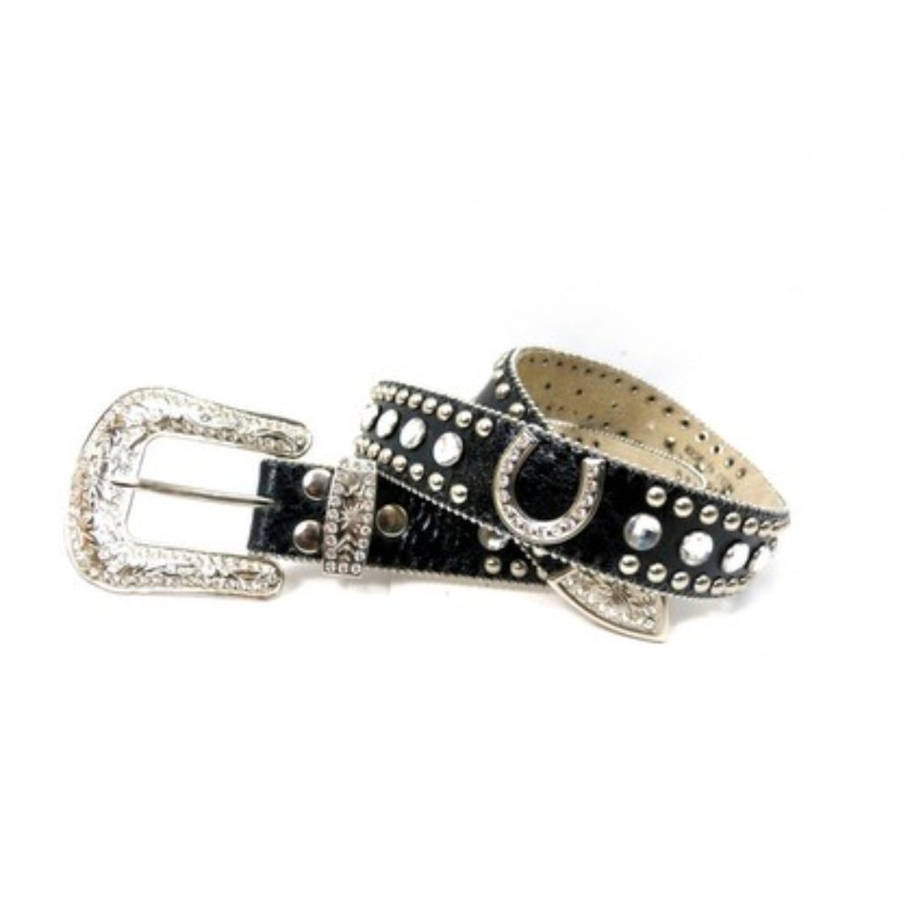 Black Leather Cowgirl Belt Horseshoes Bling Medium